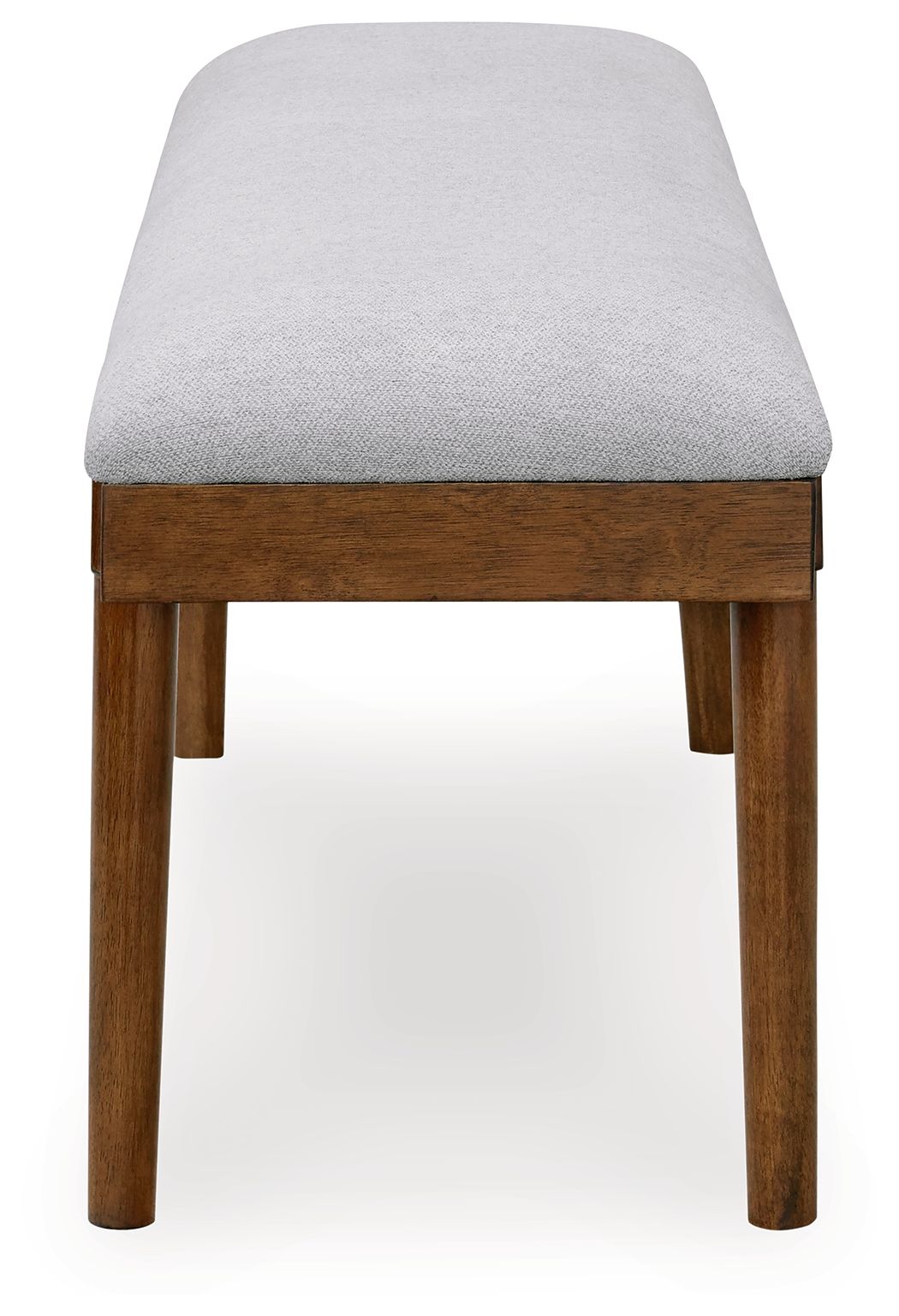 Upholstered dining bench with gray seat cushion and dark brown wood sides