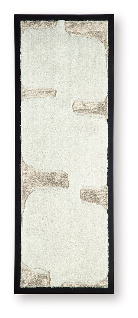 Framed wall art with textured off-white panel and taupe abstract blocks, black frame