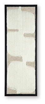 Framed wall art with textured off-white panel and taupe abstract blocks, black frame