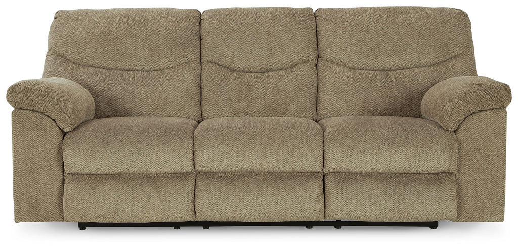 Reclining sofa in textured beige fabric with three seat sections and rolled armrests.