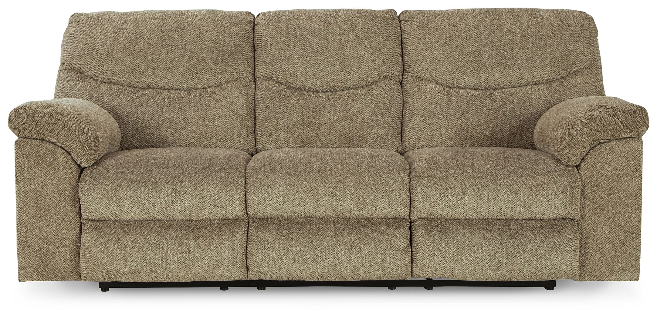 Reclining sofa in textured beige fabric with three seat sections and rolled armrests.