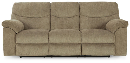 Reclining sofa in textured beige fabric with three seat sections and rolled armrests.
