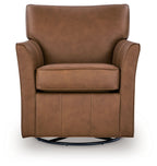 Light brown swivel glider accent chair with padded arms, seat cushion, and rounded back.