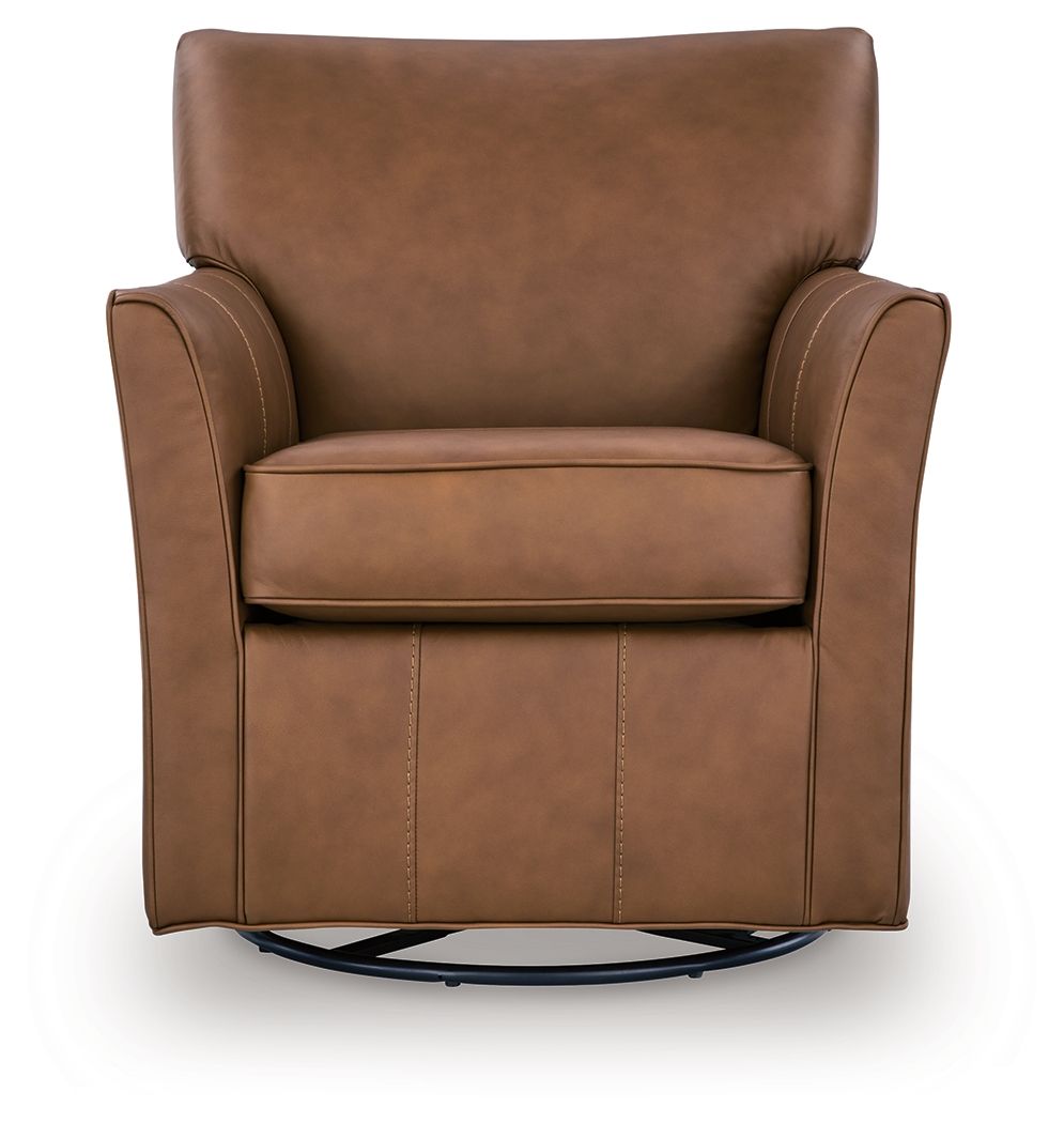 Light brown swivel glider accent chair with padded arms, seat cushion, and rounded back.