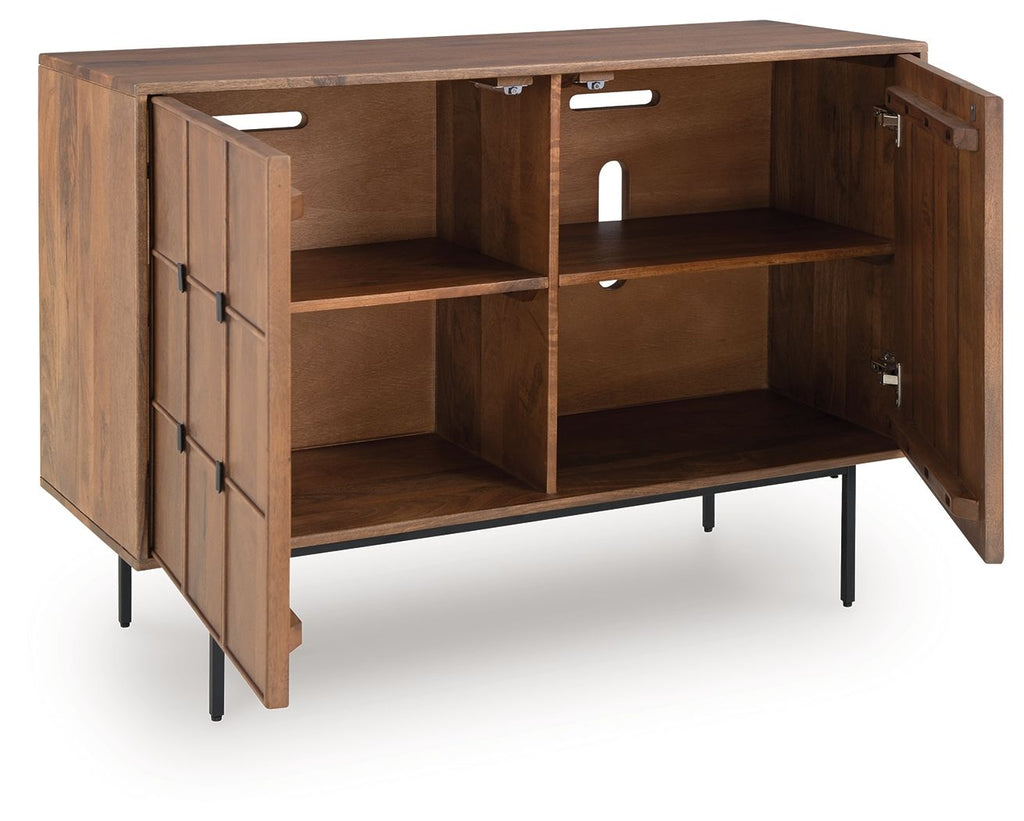 Brown accent cabinet with open doors revealing shelves and cubby storage, black legs