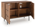 Brown accent cabinet with open doors revealing shelves and cubby storage, black legs