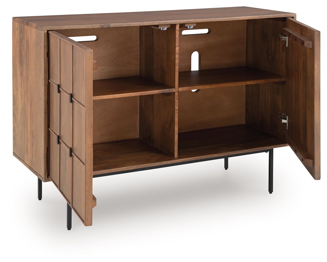 Brown accent cabinet with open doors revealing shelves and cubby storage, black legs