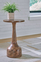Medium brown accent table with round top and turned pedestal base, inlaid wood texture