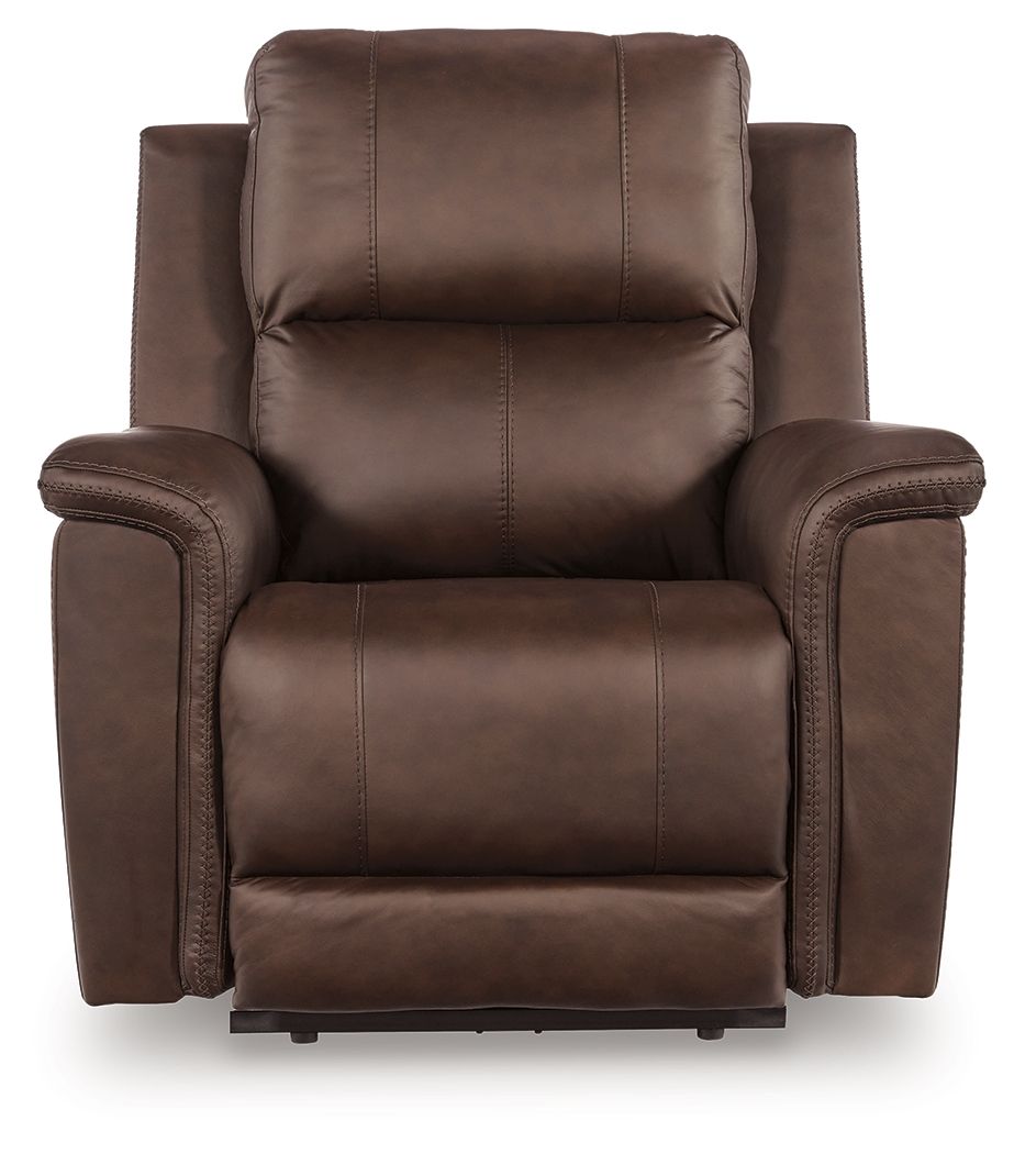 Espresso brown power recliner with adjustable headrest, front view, cushioned seat