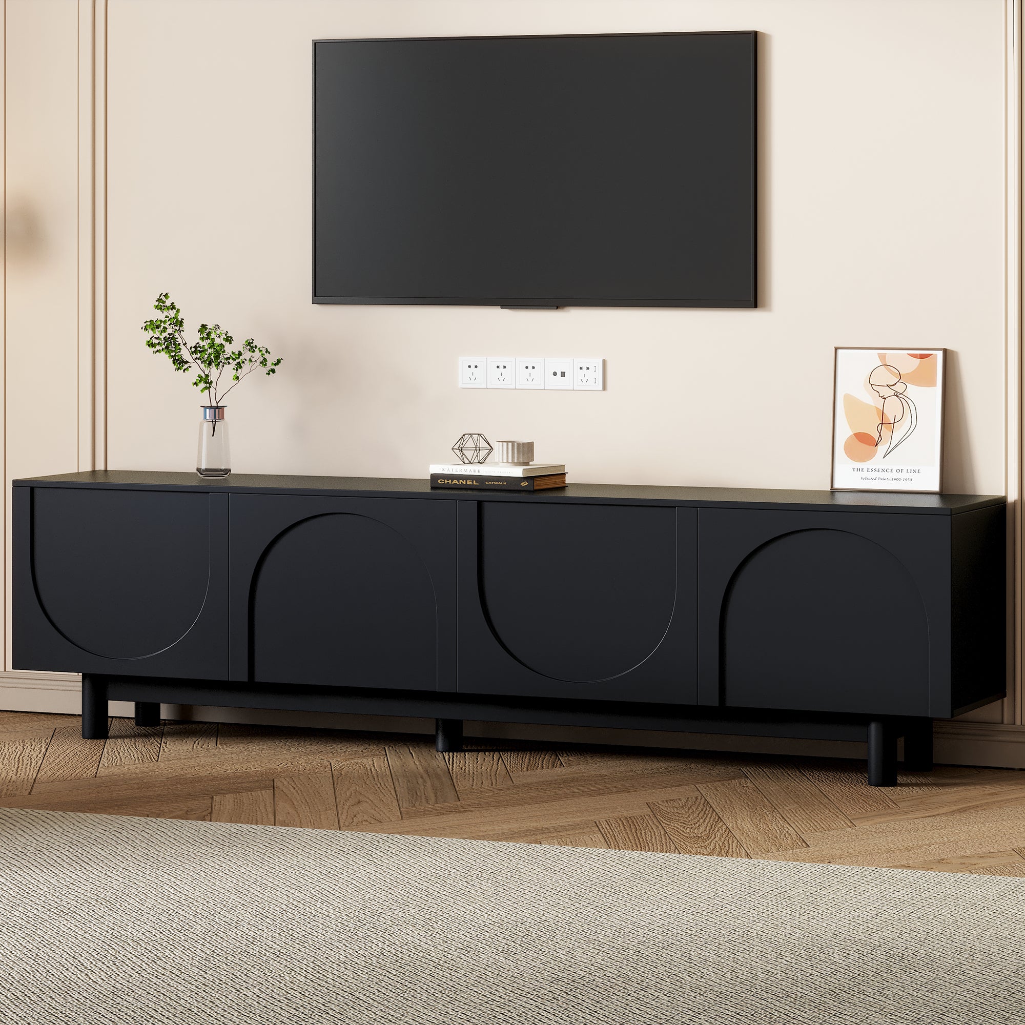 Modern TV Stand, Arch Cabinets, Fits 78" TVs, Black