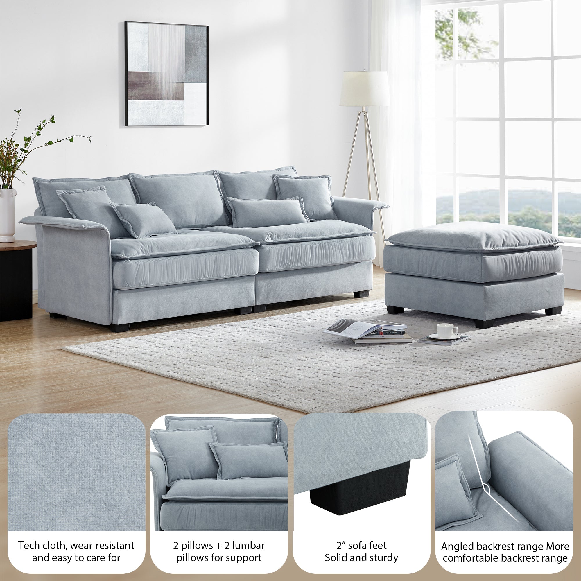 95" L-Shaped Sectional Sofa w/ Ottoman | Bentwood Armrests, Double Cushions-Stationary Sectionals-American Furniture Outlet