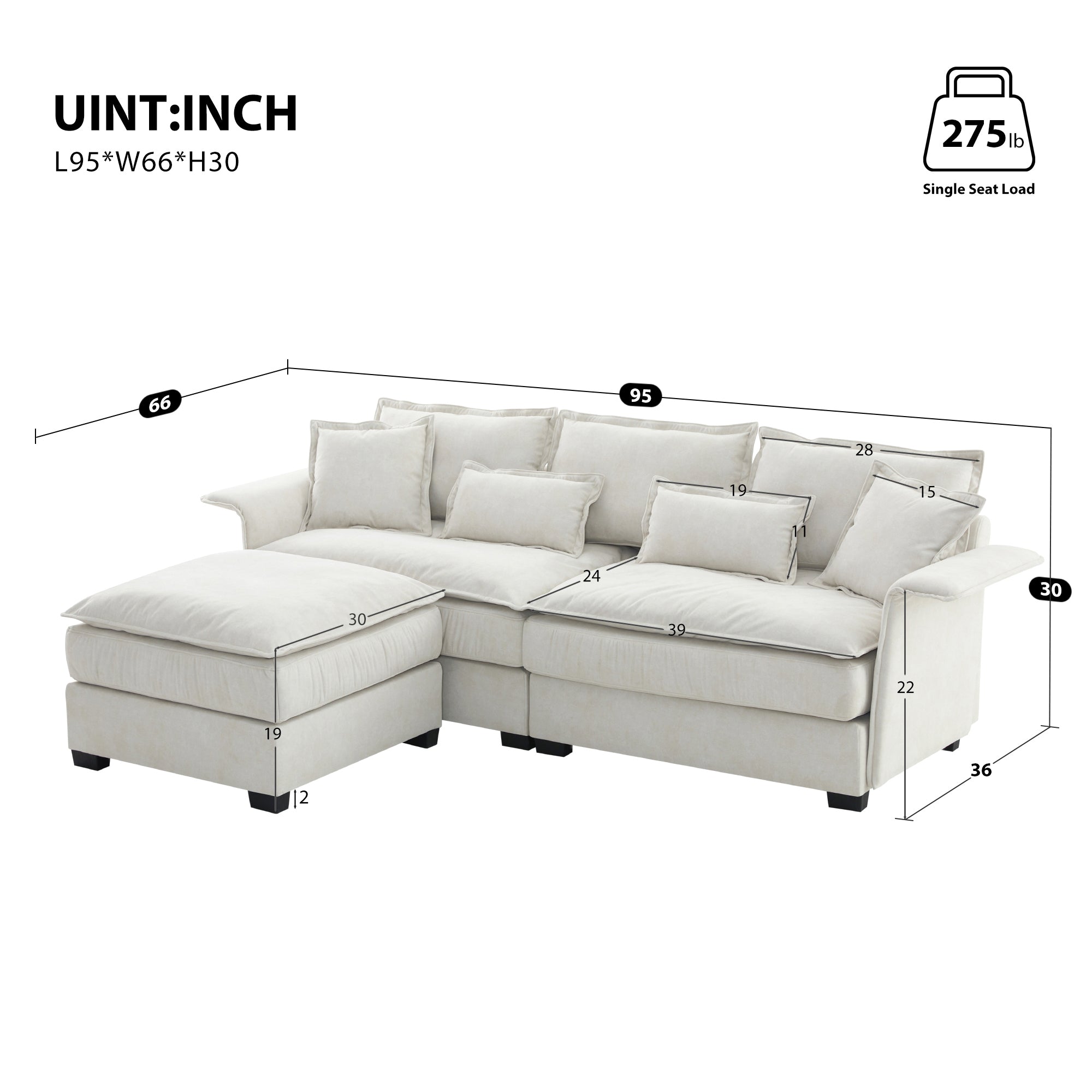 95" L-Shaped Sectional Sofa with Ottoman - Oversized 4-Seat Couch w/ Bentwood Arms - Beige-Stationary Sectionals-American Furniture Outlet