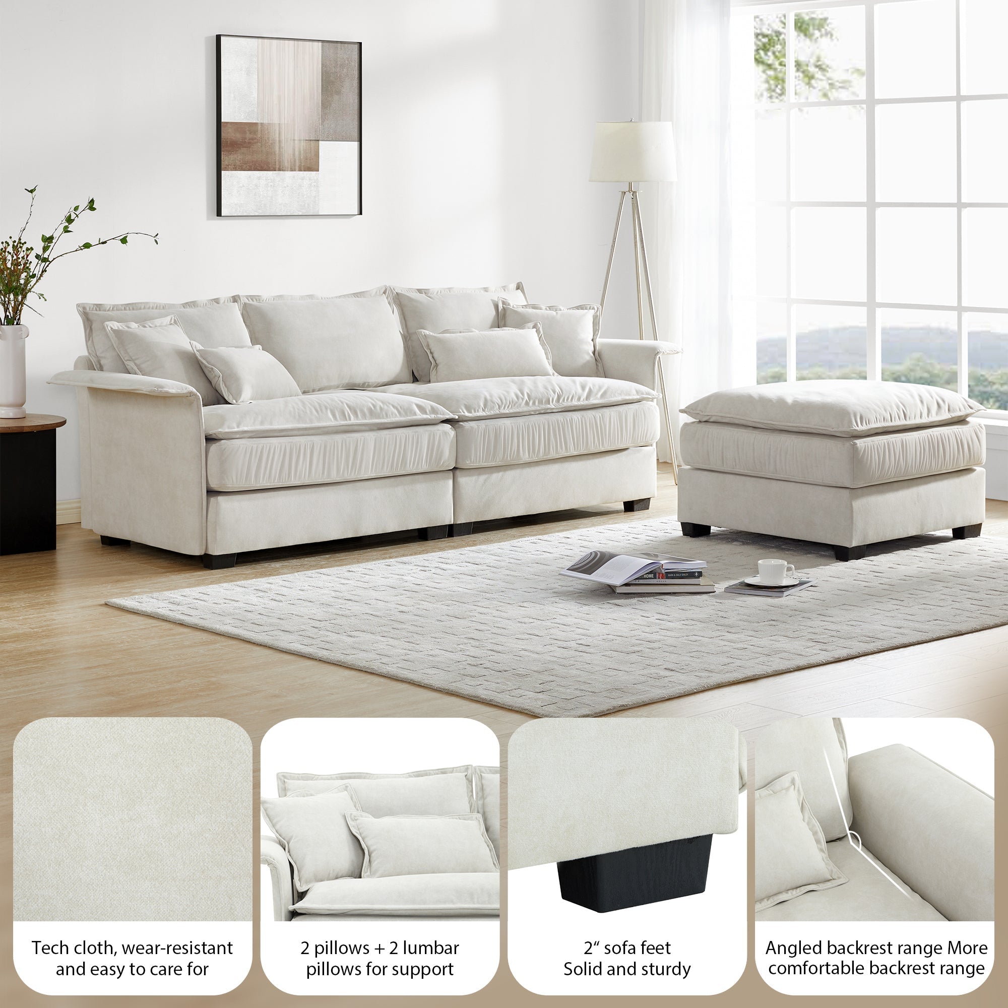 95" L-Shaped Sectional Sofa with Ottoman - Oversized 4-Seat Couch w/ Bentwood Arms - Beige-Stationary Sectionals-American Furniture Outlet