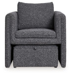 Charcoal accent chair with wide arms, textured upholstery, cushioned seat and backrest