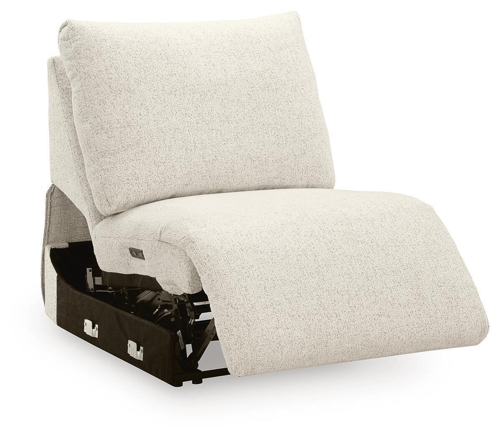 Light beige armless power recliner chair with open base mechanism under seat