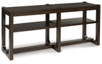 Dark brown sofa table with two open shelves and sturdy legs