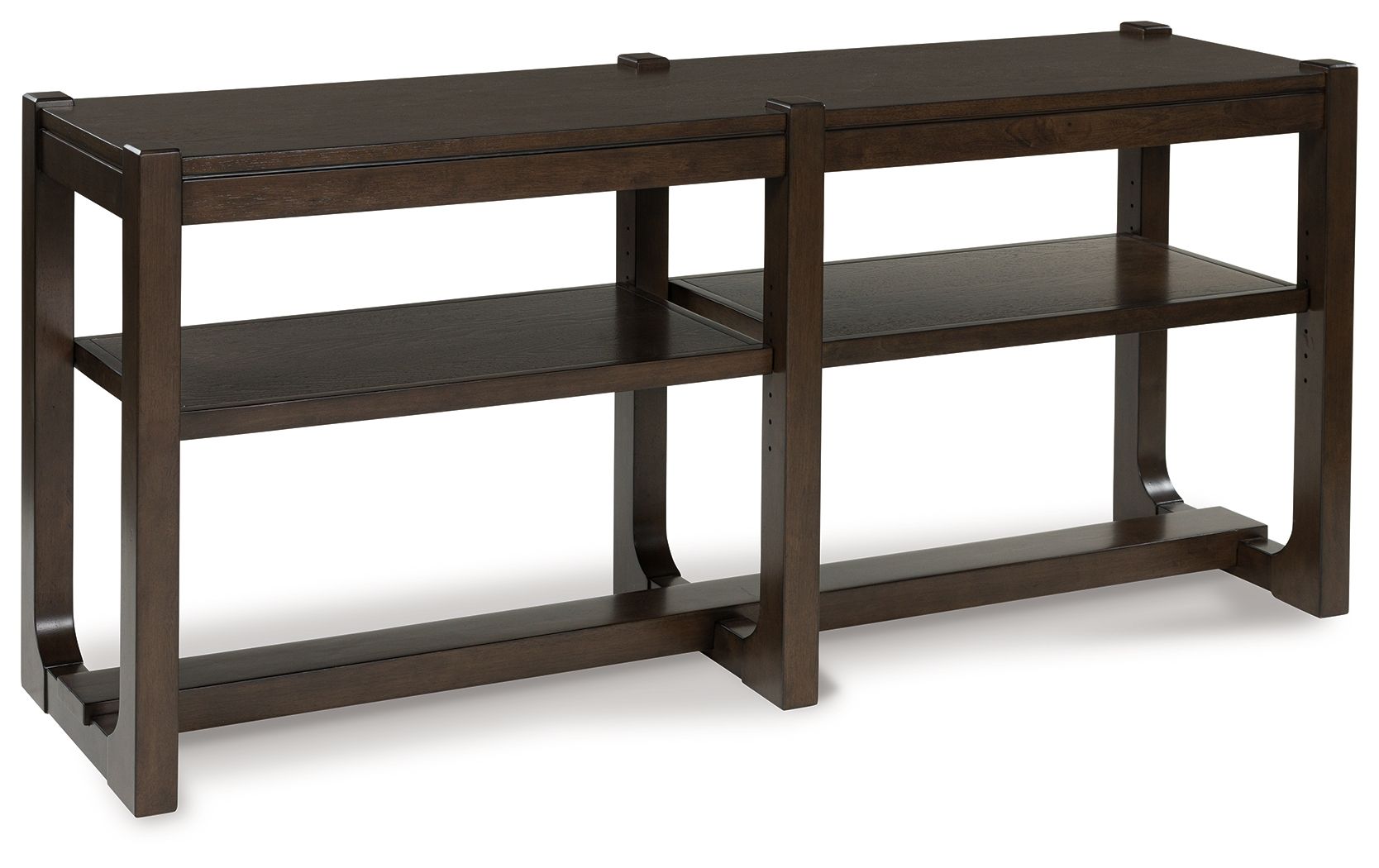 Dark brown sofa table with two open shelves and sturdy legs