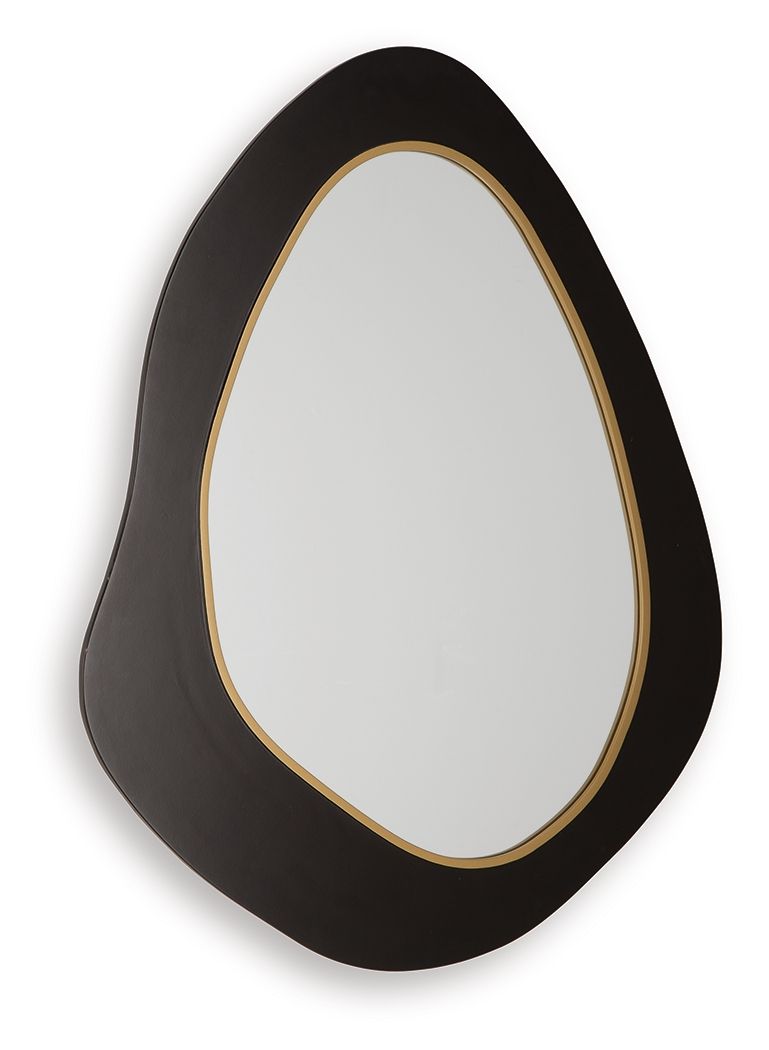 Black oval accent mirror with gold-trimmed inner edge, smooth decorative silhouette