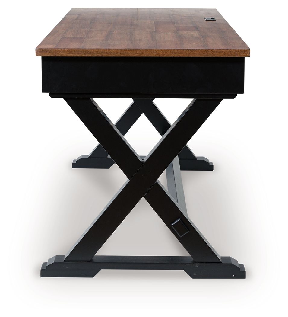 Wildenauer home office desk with brown top and black cross-frame base
