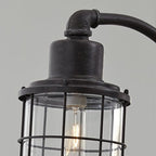 Antique black metal lamp head with glass globe cage and exposed filament bulb