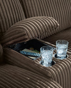 Dark brown corduroy-style upholstery with reclining mechanism and cup holders