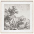 Gray-toned framed wall art print with monochrome trees and landscape scene