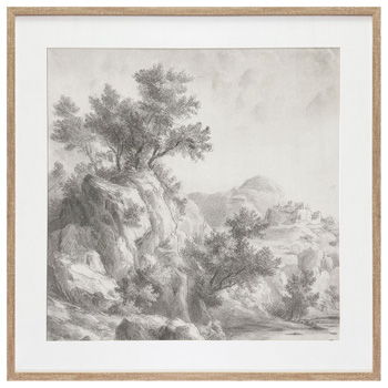 Gray-toned framed wall art print with monochrome trees and landscape scene