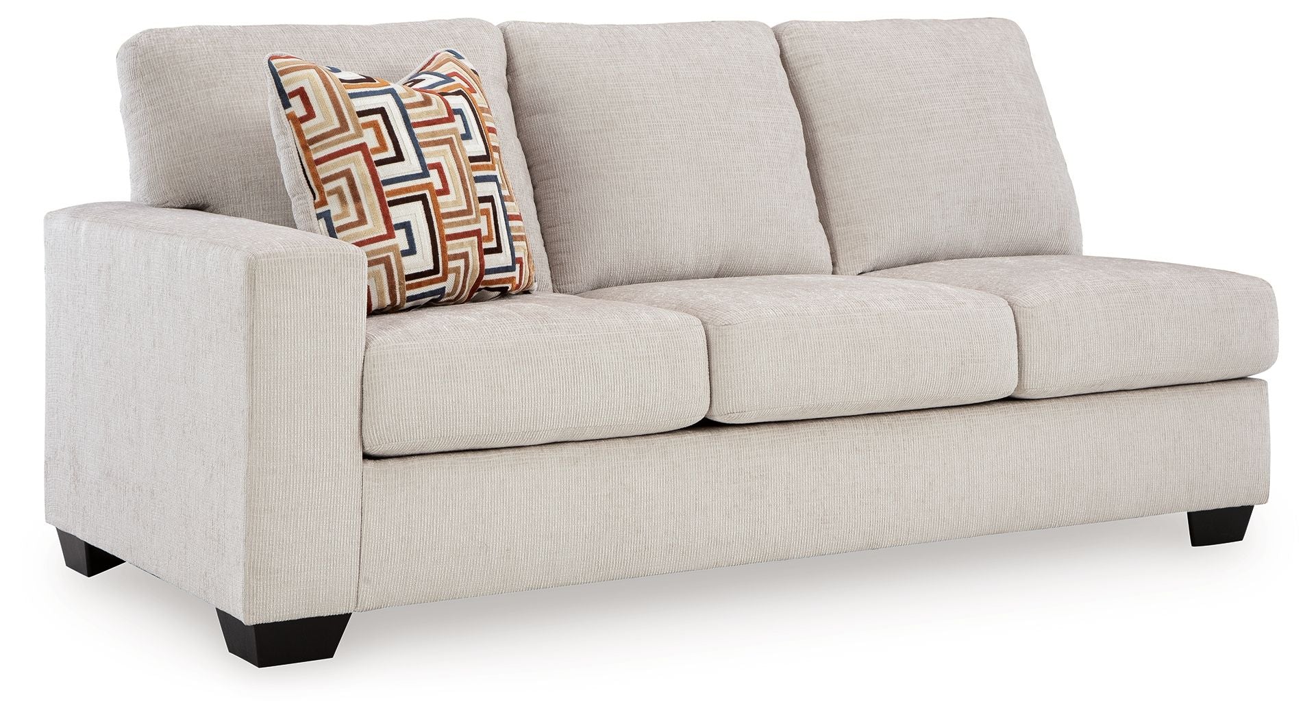 Stone fabric loveseat sofa with square arms, dark legs, and patterned throw pillow