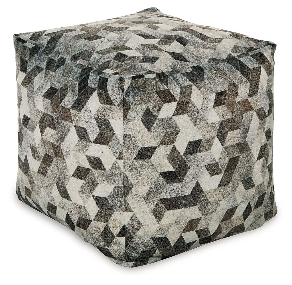 Geometric pouf ottoman with tasseled top, gray and black cube pattern