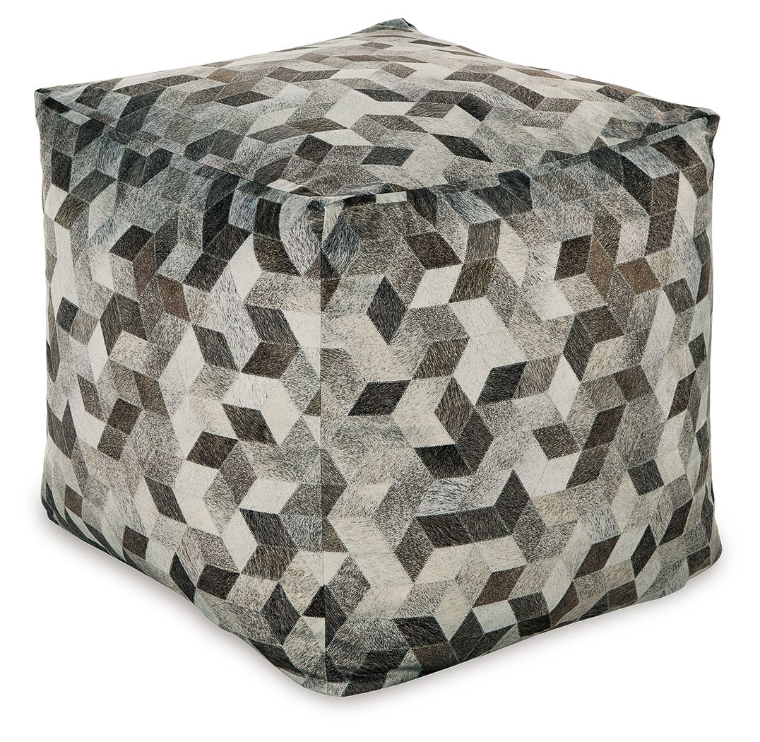 Geometric pouf ottoman with tasseled top, gray and black cube pattern