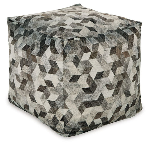 Geometric pouf ottoman with tasseled top, gray and black cube pattern