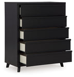 Black wide chest with drawers pulled open and visible empty interior