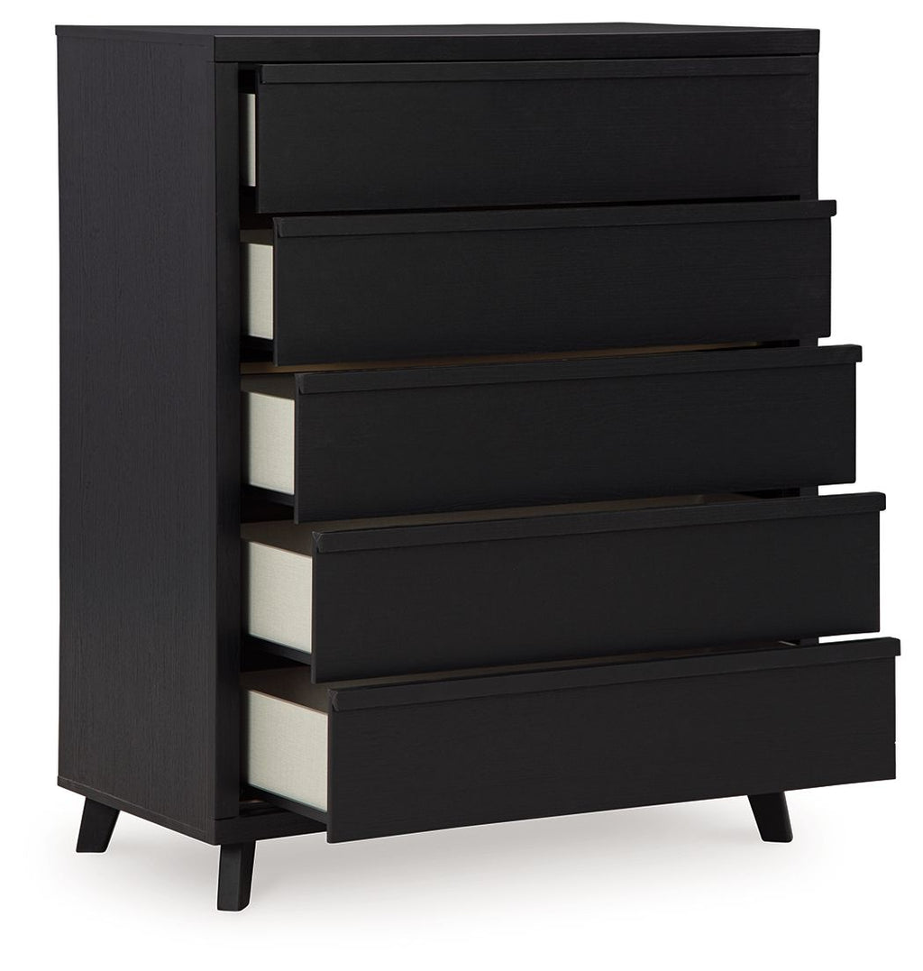 Black five-drawer wide chest with drawers partially open and visible interiors