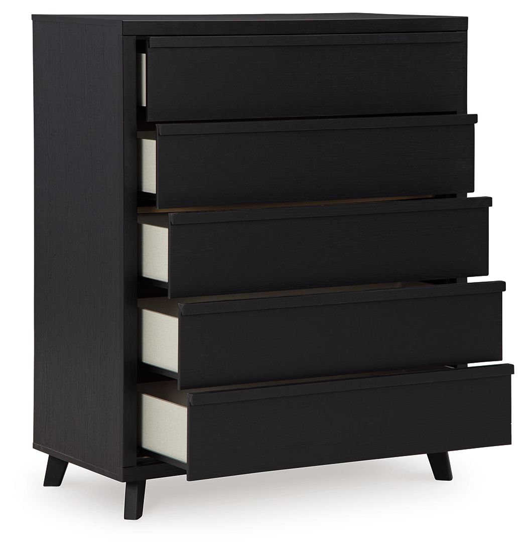 Black five-drawer wide chest with drawers partially open and visible interiors