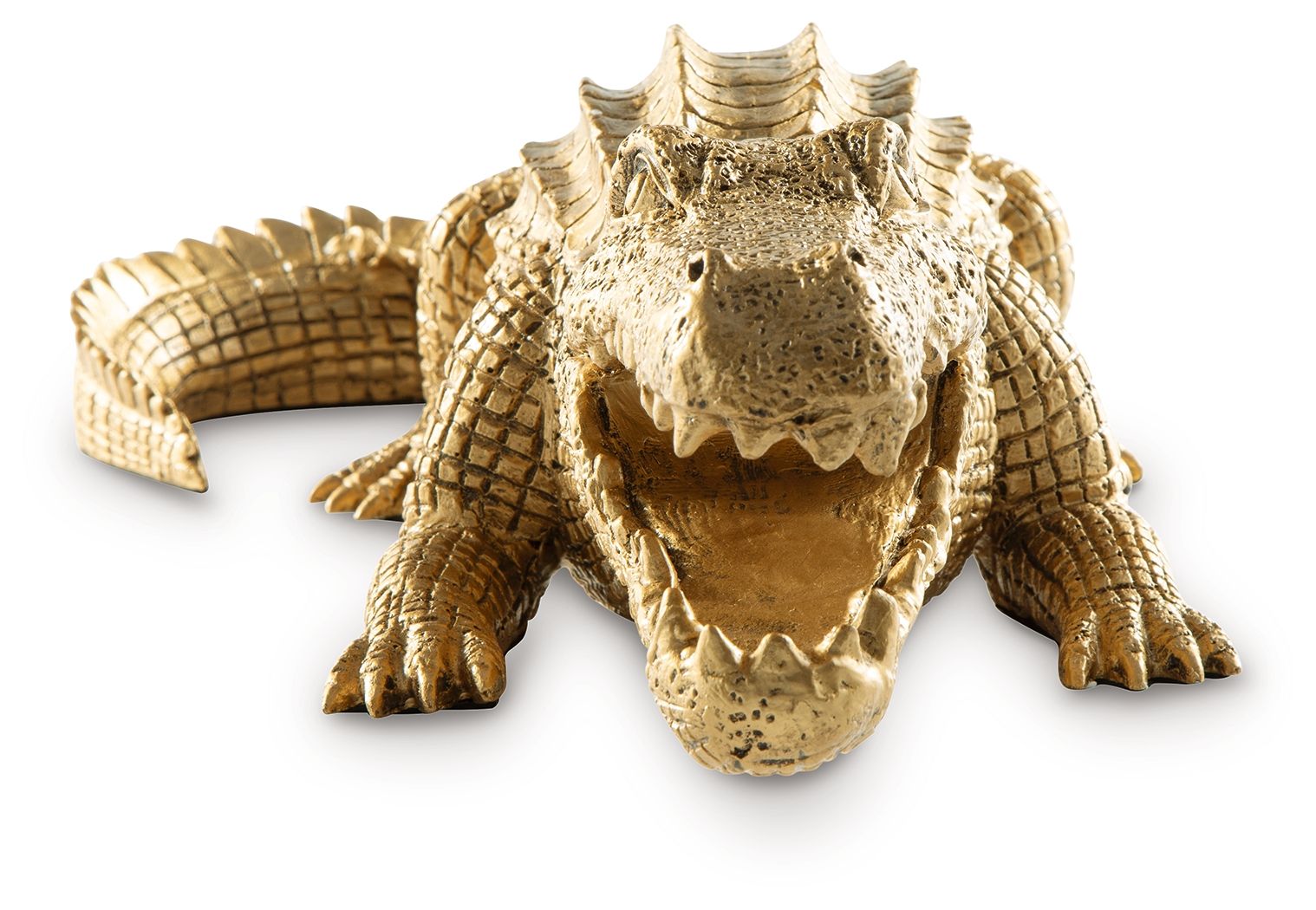 Antique gold crocodile sculpture from above, detailed head and clawed feet