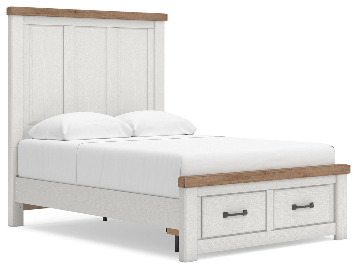 White storage bed with two front drawers and wood-look trim along the side