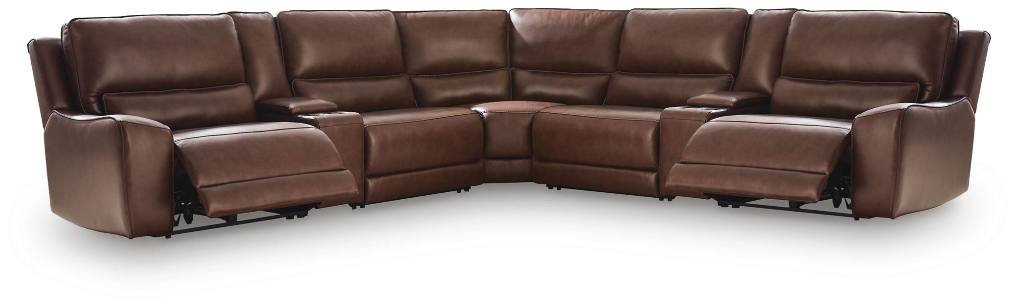 Power reclining sectional sofa in dark brown leather, deep seats with chaise ends