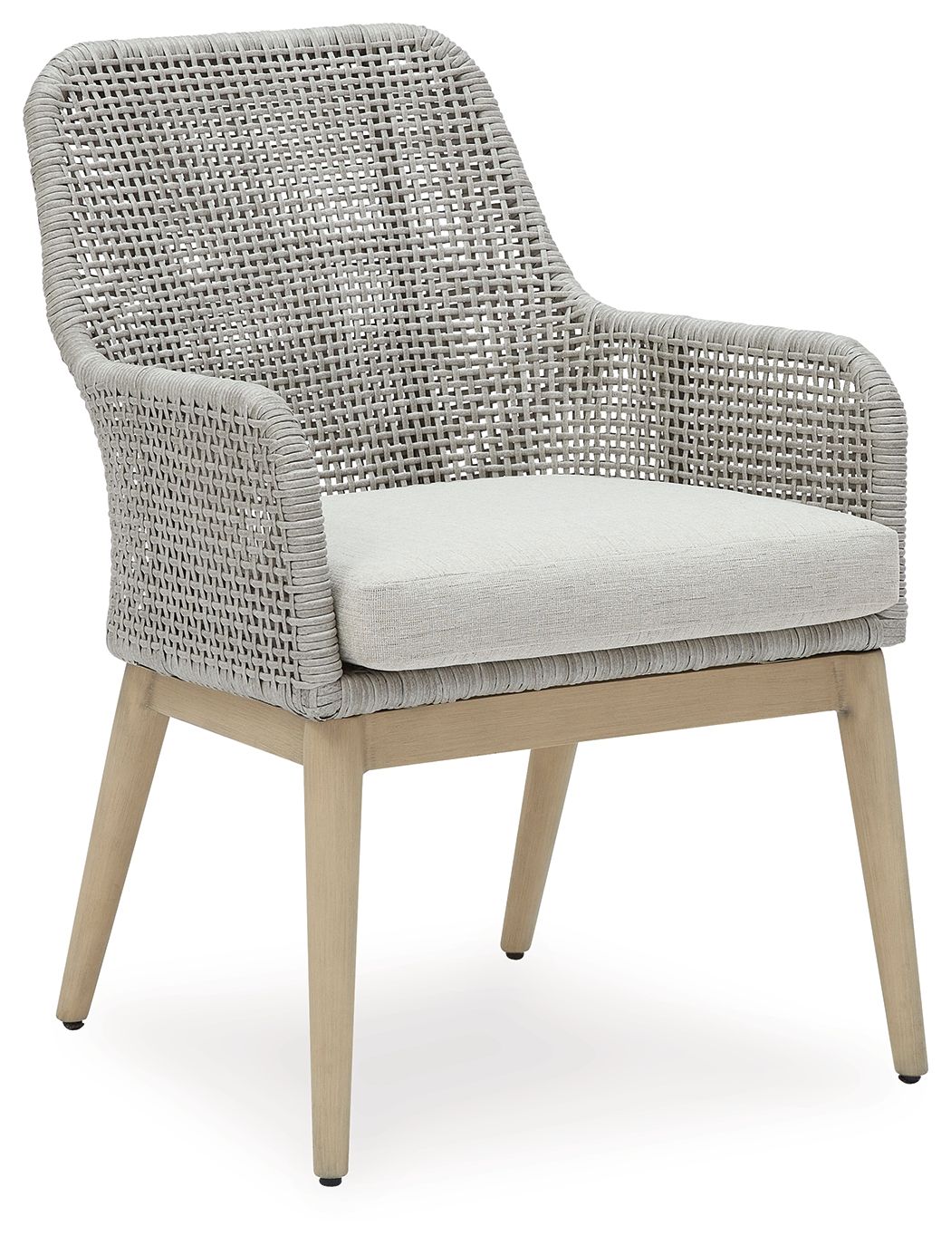 Gray woven armchair with white seat cushion and curved arms