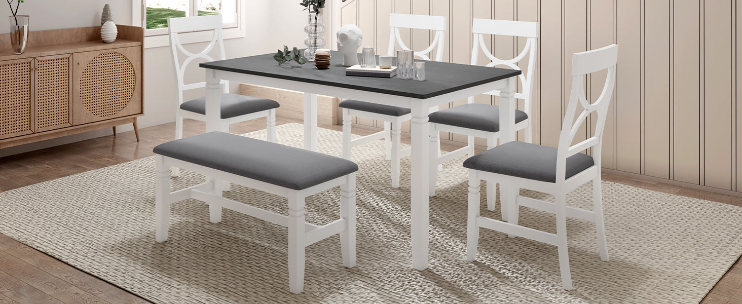 6-Piece Farmhouse Dining Set w/ Bench & Chairs