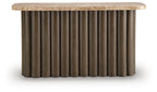 Wooden side table with speckled light top and vertical ribbed pedestal base