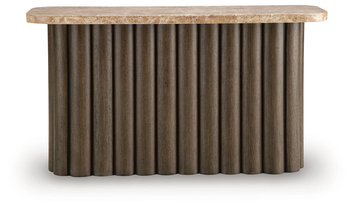 Wooden side table with speckled light top and vertical ribbed pedestal base