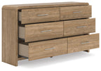 Light brown six-drawer dresser with metal bar pulls and partly open drawer fronts