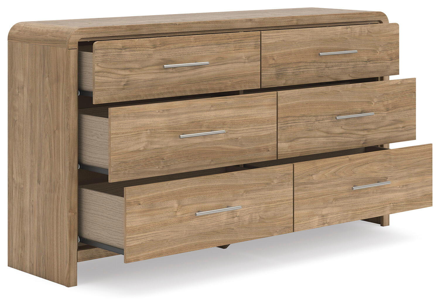 Light brown six-drawer dresser with metal bar pulls and partly open drawer fronts