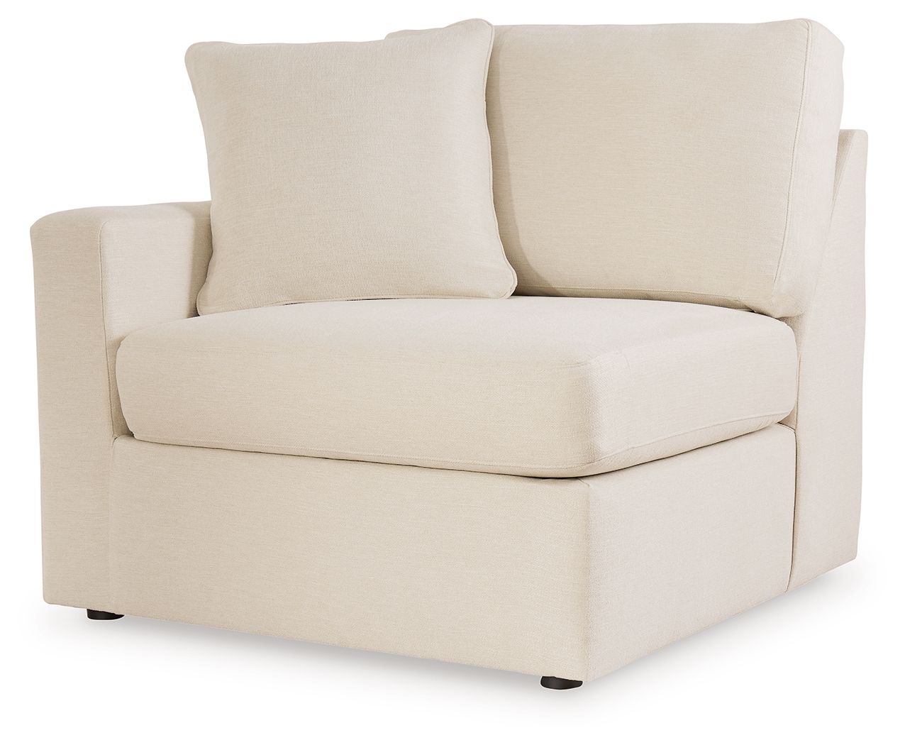 Corner chair with left arm, upholstered in light beige fabric, square arms