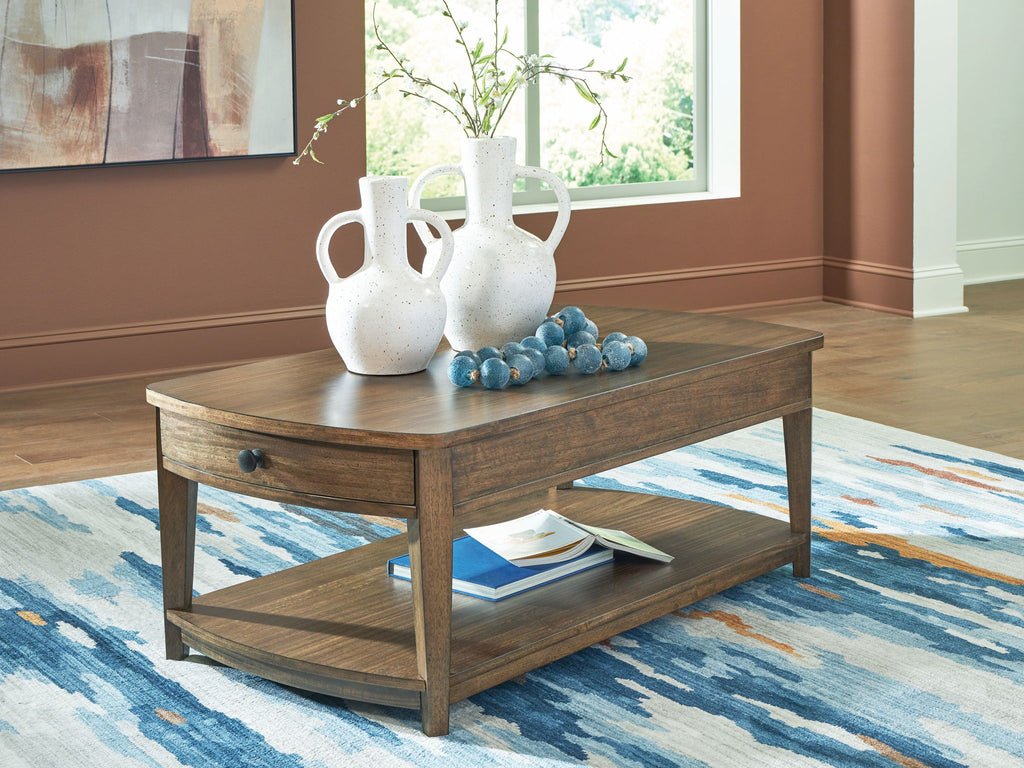 Light brown rectangular wooden end table with drawer and lower shelf.