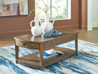 Light brown rectangular wooden end table with drawer and lower shelf.