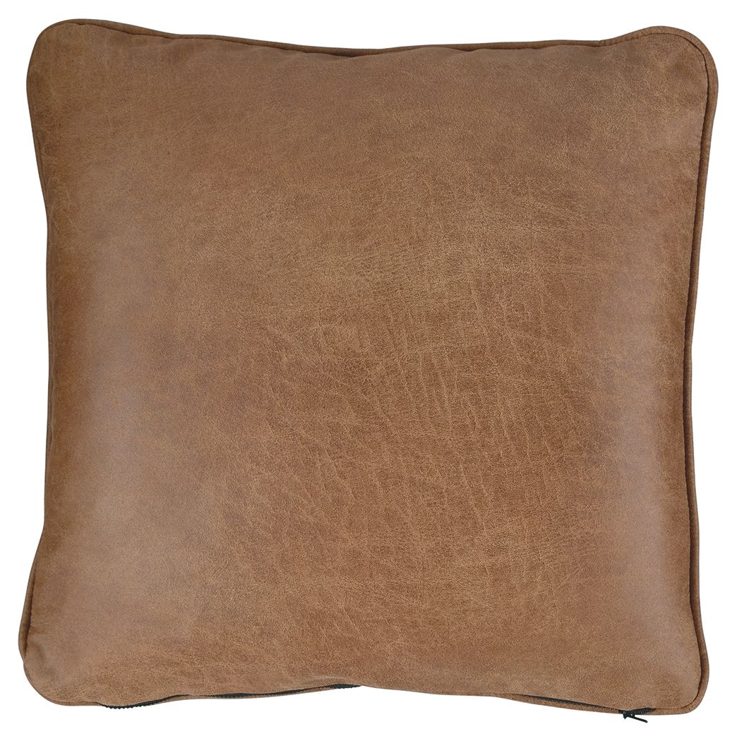 Cortnie light brown square pillow, close view of textured surface and trim