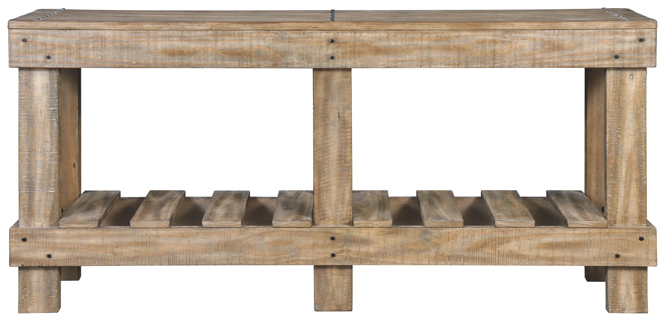 Console sofa table with weathered light brown frame and open slat middle shelf.
