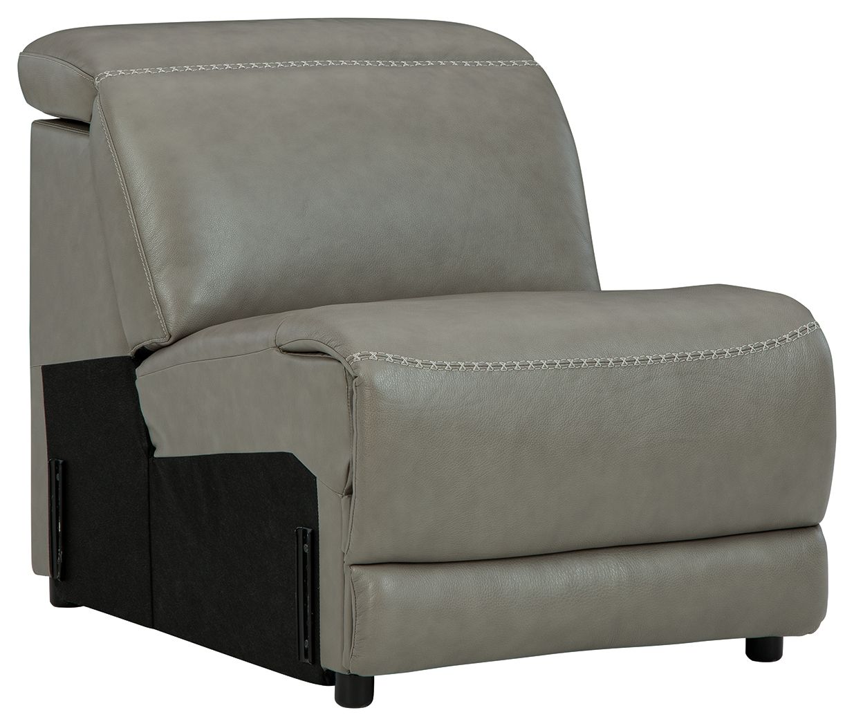 Gray armless upholstered chair with stitched trim and dark side panels
