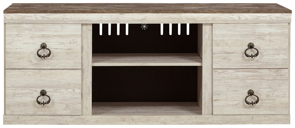 Willowton TV stand with fireplace: light wood console with central open shelf and two drawer sides
